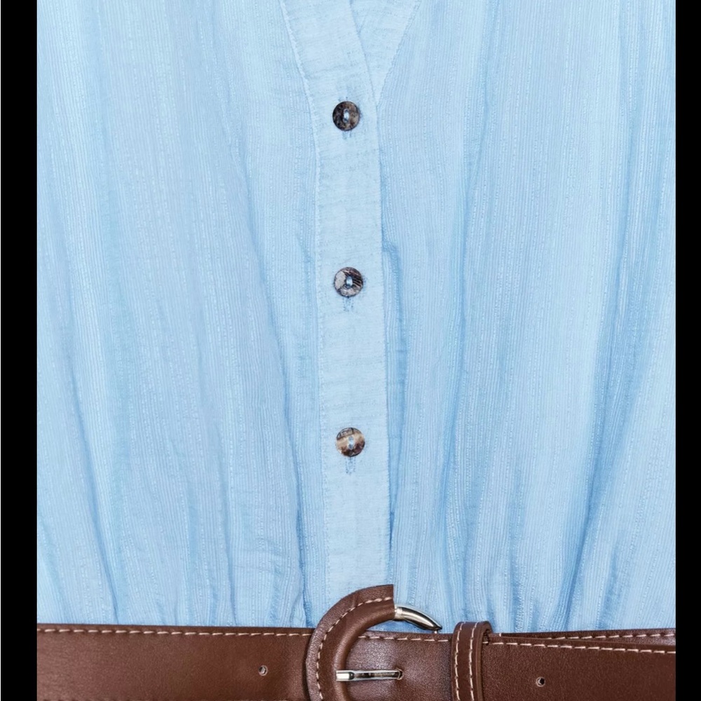 Light Blue Button-Up Dress with Brown Belt